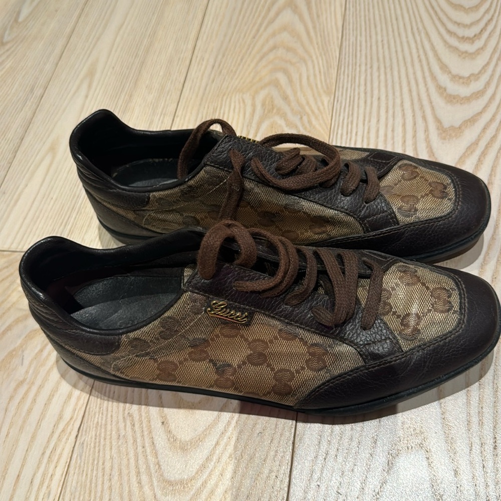 Gucci Brown/Beige GG Crystal Canvas and Leather Low Top Sneakers